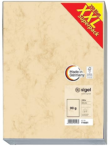 SIGEL T1081 Hochwertiges Marmor-Papier A4 beige (250 Blatt, 90 g) beidseitig marmoriert, Briefpapier, Speisekarte, XXL-Superpack wie DP372