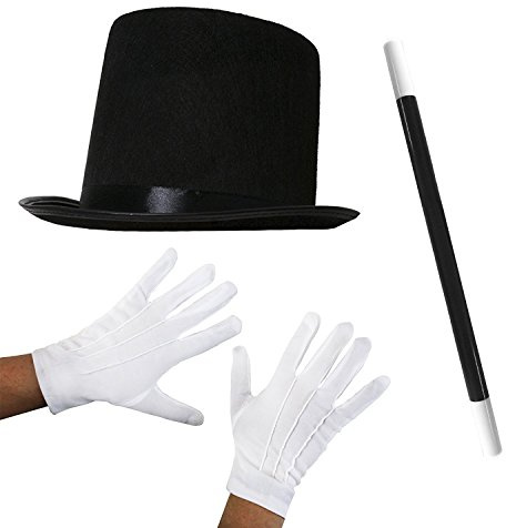 ADULTS 3 PIECE MAGICIAN FANCY DRESS SET BLACK TOP HAT + MAGIC WAND + WHITE GLOVES WIZARD ACCESSORY KIT