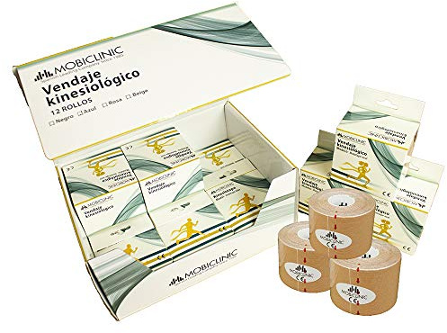 Mobiclinic®, Pack 12 uds. Kinesiotape, Venda Neuromuscular Adhesiva, 5m x 5cm, Esparadrapo Deportivo, Alivio Dolor Muscular, Vendaje Kinesiológico, Cinta Kinesiológica, Face Tape (Beige)