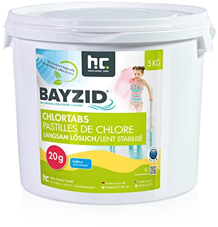 Höfer Chemie 20g Chlor Tabletten langsam löslich im 5 kg Eimer - zur dauerhaften Chlorung von Pool und Schwimmbad - Hochwirksam gegen Bakterien und Pilze - Bayzid