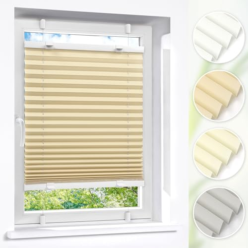 Victoria M. Easyfix Plissee Faltrollo ohne Bohren Plisseeanlage Klemmfix mit Klemmträger für Fenster und Türen, Größe: 45 x 120 cm, Farbe: Beige