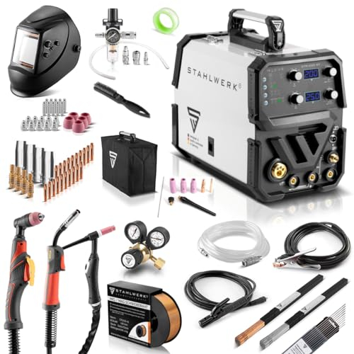 STAHLWERK Schweißgerät 4 in 1 Kombi Vollausstattung CTM-250 ST - WIG MIG, MAG MMA/E-Hand, CUT/Plasma, kompakt, 200 A Schweißen & 50 A Plasmaschneiden, Schneidleistung bis 14mm, Parameter einstellbar