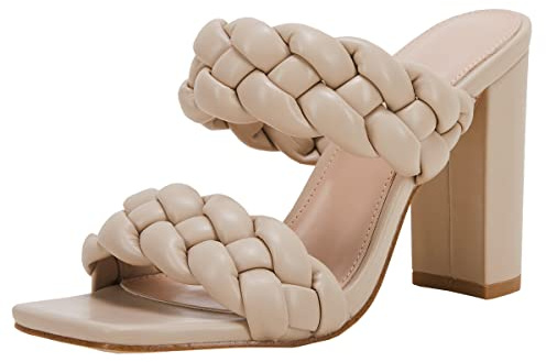 VETASTE Women's Braided Heeled Sandals Chunky Heels Mules Square Open Toe High Block Heel Sandals