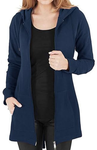 Vancavoo Fleecejacke Damen Lang Winterjacke Sweatjacke Kapuzenjacke Zip Kapuzenpullover Lose Jacken Einfarbig Sweatshirt Langen Mantel Cardigan Outwear Mit Taschen (Marine, S)
