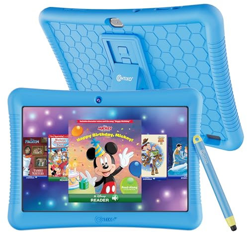 Contixo Tablette Android pour enfants 10 32 Go – Comprend plus de 80 livres d'histoires Disney (valeur 350 $), contrôle parental, étui à l'épreuve des enfants avec béquille et stylet – Bleu