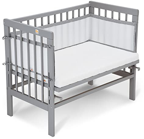 FabiMax Baby Beistellbett Basic, stufenlos höhenverstellbar, Buche massiv weiß lackiert (Matratze Air, Weiße Sterne)