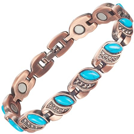 YINOX Kupfer-Magnetarmband – natürlicher blauer Türkis-Edelstein-Armreif mit Magneten – magnetisches Kupferarmband für Schwester, Ehefrau, Mutter, Geschenk für Damen (18,5 cm)