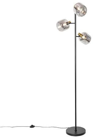 Qazqa Modern Stehleuchte, Stehlampe - Zuzanna - Schwarz mit Rauchglas, max. 25W, Geeignet für LED, 3-flammig, 160cm, Ideal als Wohnzimmerlampe