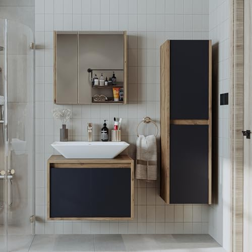 ROOMART • Badezimmer Möbel Set • Atlantic • 4 Teilig • 65cm Unterschrank mit Keramikwaschbecken • Spiegelschrank • Hochscrank (Anthrazit Eiche)
