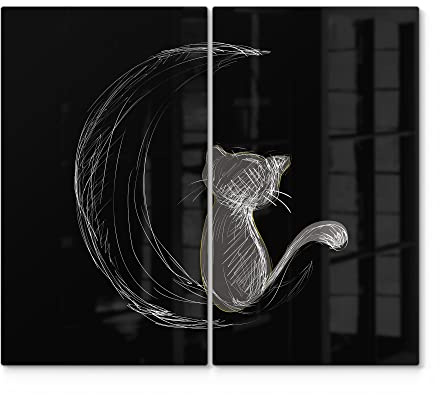 DEQORI Herdabdeckplatten Glas | 2er Set 60x52 cm | Motiv Die Katze und der Mond | Ceranfeld Abdeckplatten in Küche | Herd-Abdeckungen universal | Glasplatten & Schneidebretter für Kochplatte