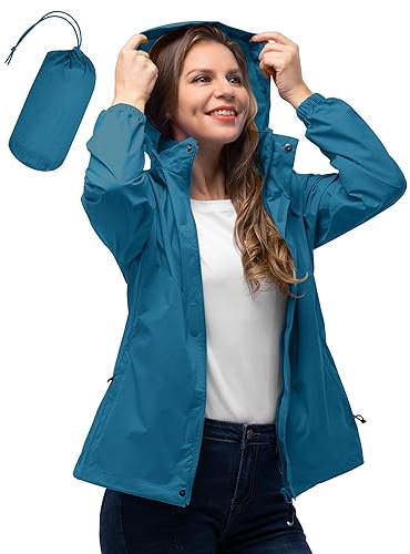 33,000ft Women's Lightweight Rain Jackets Hooded Breathable Packable Running Raincoats Active Trench Windbreaker with Hideaway Hood for Cycling Hiking