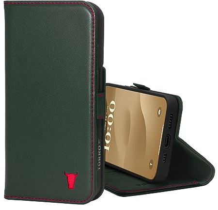 TORRO Leather Case Compatible with iPhone 15 – Premium Leather Wallet Case with Kickstand and Card Slots - Green