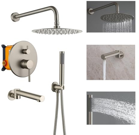 Clihome 10 Inch Shower Faucets Sets Complete with Swivel Tub Spout Rainfall Shower Head System with Handheld Shower Head, Square Fixed Shower Head, Rough-in Valve Body, Trim Kit, Brushed Nickle