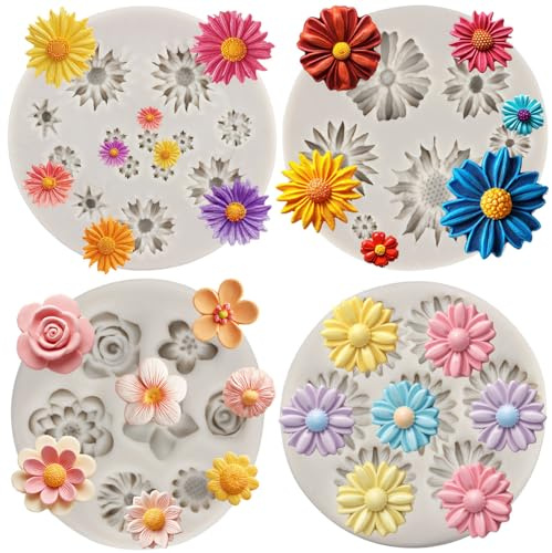 MYPRACS 4 Stück Gänseblümchen Fondant Formen Chrysanthemen Silikonformen | kleine Blumen Fondant Kuchen Schokoladenform Kuchendekoration Cupcake Topper Süßigkeiten Polymer Ton Gummipaste