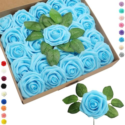 25 x Artificial Sky Blue Roses Foam Fake Roses with Stems Floral Decoration for Birthday Wedding Cake Party Garden Crafts Shower Bridal Valentine's Day