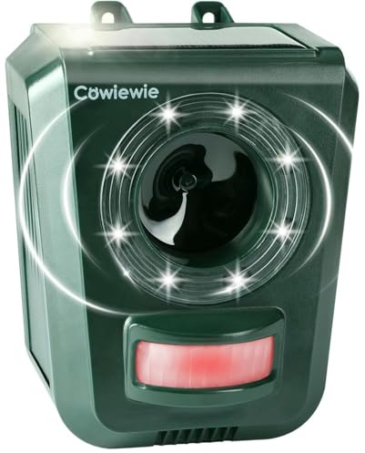 Cowiewie Repelente de Animales Solares de Control de Depredadores Ultrasónico Ahuyentador de Perros, Palomas, Pájaros, Perros, Ratones, Zorros, Disuasión Solar 5 Modos IP45 Impermeable con LED Interm
