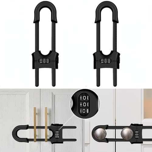 Återanvändbara skåplås 2-pack, barnsäkerhet glidskåplås, U-formad justerbar 3-siffrig lösenordskombinationslås för köksskåp och skåp, installera utan borrning eller lim (svart)