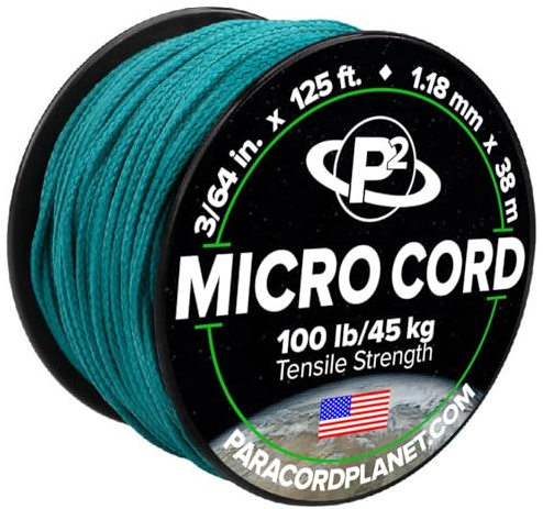 Paracord Planet Micro Paracord – tunn flätad sladd för hantverk, fiske och gör-det-själv-projekt i 38 m spolar – blågrön