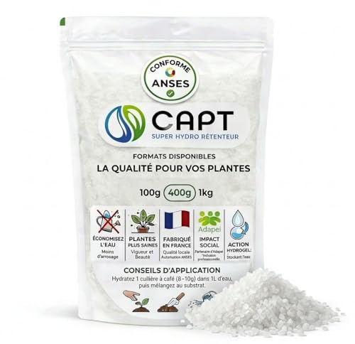 CAPT® Hydro-Rétenteur d'eau pour Plantes - Billes Réserve d'eau, Arrosage Automatique Vacances, (400g) - Gel Rétention d'eau, Fabrication Française Homologuée ANSES
