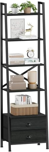 Furologee 5-Tier Ladder Shelf with 2 Drawers,Narrow Bookshelf Storage Shelves,Industrial Bookcase Freestanding Rack Units for Bedroom,Living Room,Bathroom,Home Office,Balcony,Wood Metal, Black Oak