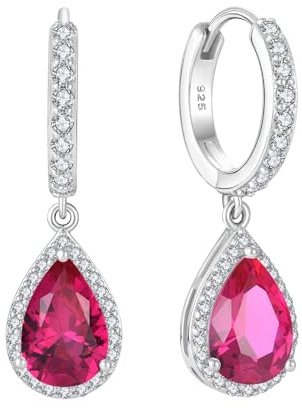 Starchenie Ohrringe 925 Sterling Silber für Damen Creolen mit Zirkonia Rubin Geburtsstein Tropfen Hängend Hypoallergen Kreolen Hängeohrringe