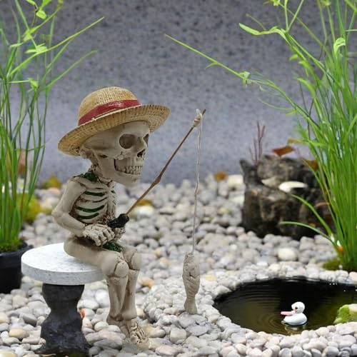 Halloween Fishing Skelett Statue Gartendeko Figuren,Halloween Gartenfiguren Teich Deko,Lustige Angeln Figur Harz Gartenstatuen,für Schlafzimmer Wohnzimmer Terrasse Balkon Rasen Gartenteich Deko (A)