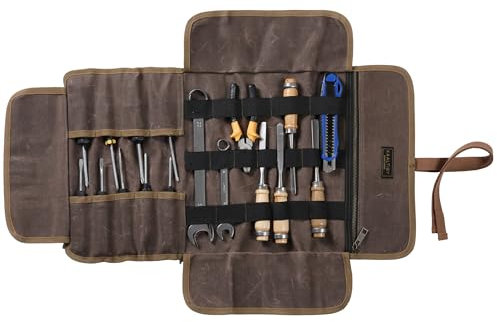 Kaaltisy Werkzeugrolle, 16OZ gewachstes Segeltuch, Werkzeugtasche mit 1 Tasche + Gummiband, Robuste Werkzeugrolltasche für Gärtner Mechaniker Handwerker - Grau - 60x30cm