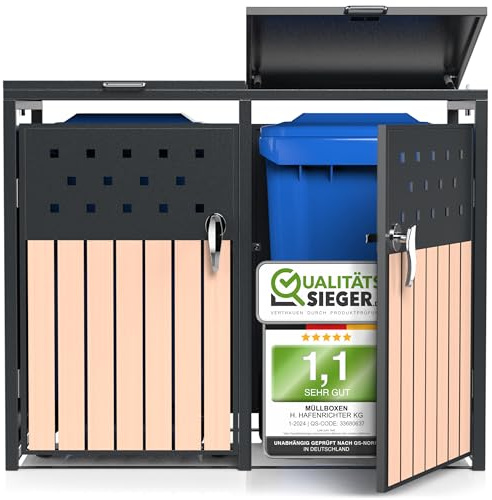 Anpassbare Mülltonnenbox für 1-4 Tonnen 240L - rostfreier Stahl, 22 Designs, geruchsreduzierend, Klappdächer mit Gashebern, Lochmuster & Holzoptik, selbstmontage, Farbe: RAL 7016