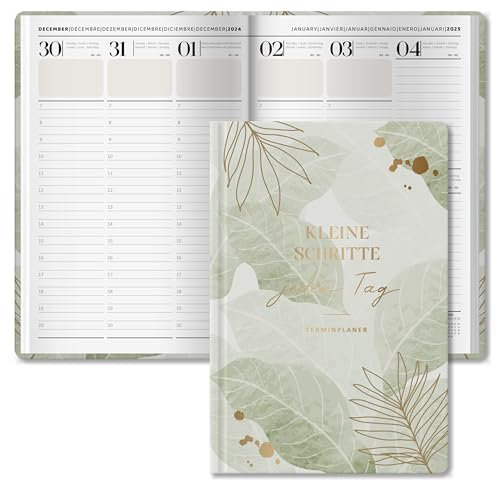 BIROYAL Kalender 2025 Buchkalender A5 - Terminplaner 2025 mit 176 Seiten - 1 Woche 2 Seiten - Wochenplaner & Monatskalender mit 100 g/m² Papier - Farbig Gedrucktes Hardcover - Grüne Blätter