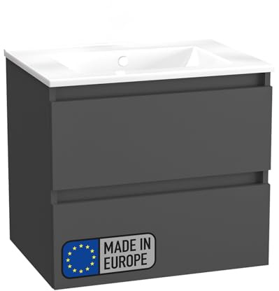 BadeDu Gers Waschbecken mit Unterschrank – 60 cm Breit, Keramikwaschbecken in Weiß mit Waschbeckenunterschrank in Matt Grau, Soft-Close-System