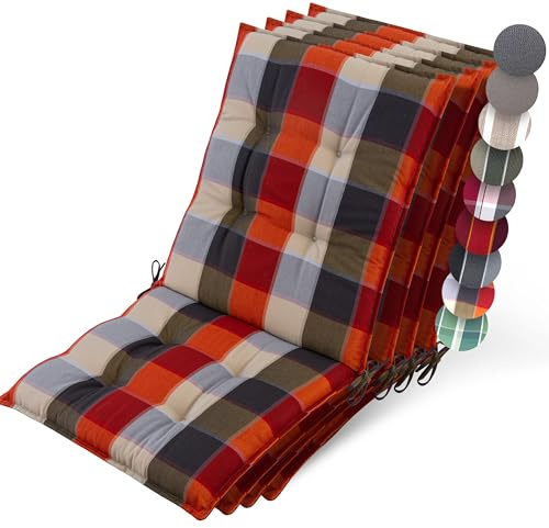 Beautissu 4er Set Premium Niedriglehner Auflage Gartenstuhl rutschfest | 100x50cm 8cm dick Orange-Beige kariert robust Polster Befestigungsbänder UV-Lichtechtheit 5 Gartenstuhlauflage Sun-NL