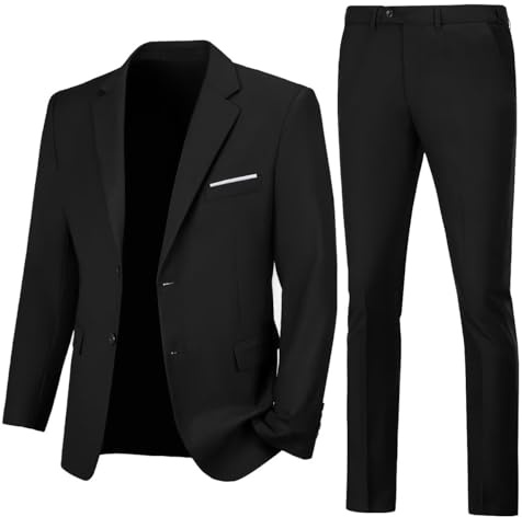 Lynerun Herrenanzug, schmale Passform, 2-teilig, Gekerbtes Revers, einfarbig, Anzugjacke, Hose, Smoking für Abschlussball, Schwarz, 6XL