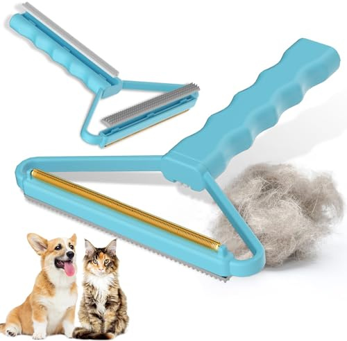3-in-1 Carpet Scraper for Pet Hair, Manual Lint Remover, Blue | 3-in-1 manual scraper with copper blade, interchangeable heads for pet hair and lint on carpets, sofas and car seats.