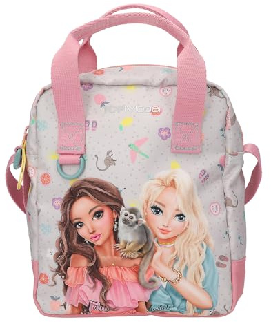 Depesche 13327 TOPModel Juicy - Umhängetasche in Creme und Rosa, mit Model Motiv, Äffchen und buntem Muster, Handtasche mit verstellbarem Gurt