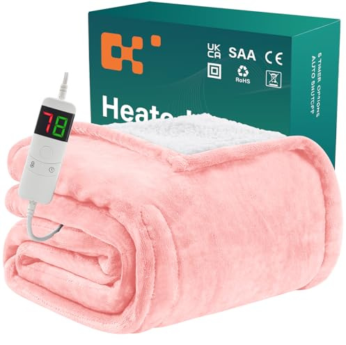 BOMOVA Couverture chauffante avec arrêt automatique,couverture de Noël moelleuse,10 niveaux de chaleur et minuterie 5 heures, cadeau pour femme, décoration de Noël pour lit/canapé,130x180cm,rose clair