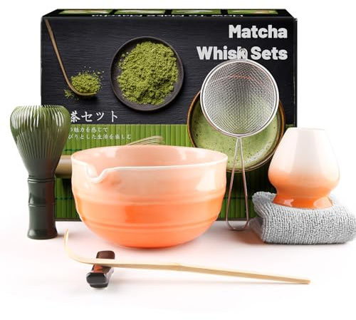 7 Piece Matcha Set, Green Resin Matcha Whisk, Macha Tea Set with Matcha Spoon, Whisk Holder, Matcha Brush, Shovel, Strainer, Matcha Accessories Japanese Tea Ceremony, Petal Pink