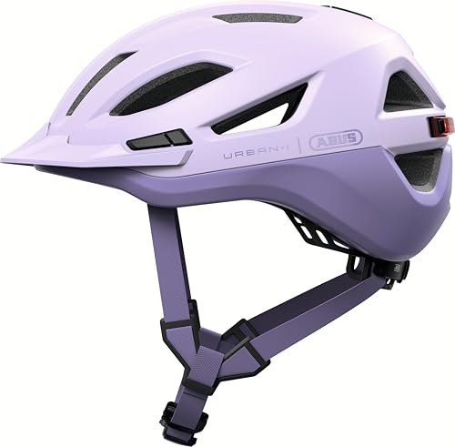 ABUS Casco da città Urban-I 4.0 ACE - Casco da bicicletta con luce posteriore ricaricabile, 4 modalità di illuminazione, visiera e chiusura magnetica - per donne e uomini - taglia L, viola