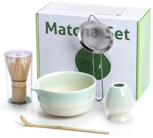 Matcha Set - Bamboo Matcha Whisk (Chasen) Set, Ceramic Matcha Bowl with Spout, Scoop,Whisk Holder, Sifter, Tea Steeper Stirring Matcha Ceremony Kits, Japanese Tea Set Ceremony for Matcha Lovers Gift
