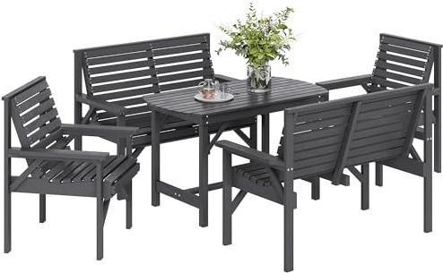 Outsunny 5 Piece Wooden Garden Dining Set for 6, Outdoor Conversation Set with Dining Table with Umbrella Hole, 2 Armchairs and 2 Loveseats for Patio or Balcony, Grey