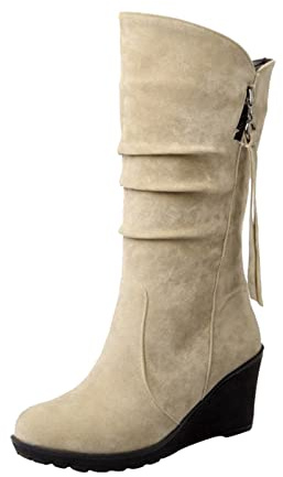 Stivali da donna con zeppa al ginocchio da donna stivali a metà polpaccio tacco basso con zip laterale in pelle scamosciata stivali alti punta rotonda tacco basso stivaletti con cinturino con cerniera