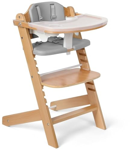 Cowiewie 3-in-1 Convertible Natural Wooden High Chair for Babies and Toddlers | 8 Levels Height Adjustable, 3-Tier Trays, 2 Waterproof Cushions, Sturdy Frame for Safe Feeding and Growing Up (Grey)