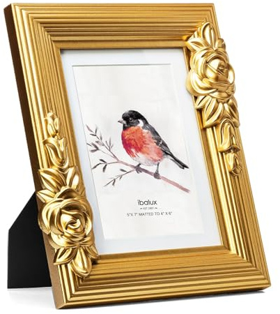 ibalux 5x7 Gold Picture Frame, Solid Wood with Real Glass, Vintage Ornate Baroque Flower Trim, Matted to 4x6, Vertical and Horizontal for Tabletop or Wall Hanging Photo Frame