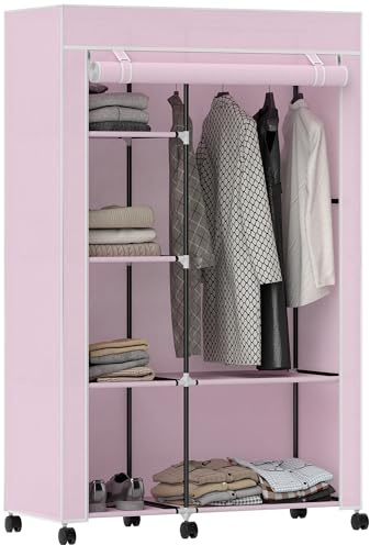 HOMCOM Armario de Tela con Ruedas, Armario Portátil, con Barra para Colgar, 6 Estantes, Marco de Acero, para Dormitorio, Vestidor, 103x43x162,5 cm, Rosa