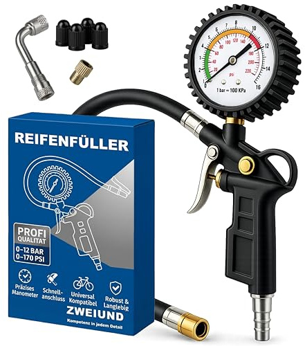 ZWEIUND Reifenfüller mit Manometer 0–16 bar – Reifendruckprüfer mit 45 cm Schlauch & Ablassventil – Reifenfüllpistole für Kompressor Auto, LKW, Motorrad, Fahrrad inkl. Adapter Set (ohne Schlauch)