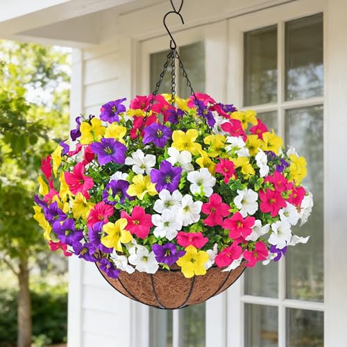 Realistic Artificial Flowers for Outdoors with Basket, 2 Set Large Size UV Resistant Artificial Outdoor Flowers, Full Faux Hanging Plants Outdoor Fake Outdoor Flowers for Porch, Front Door, Garden