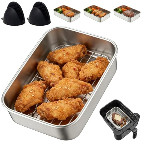 Edelstahl Auflaufform für Airfyer,Heißluftfritteusen Zubehör Passend für Ninja, Cosori, Philips uvm. BPA-frei,Auflaufform Airfryer mit Abtropfgitter, Dichtdeckel & Hitze-Schutzgriffen 20 * 15 * 5CM