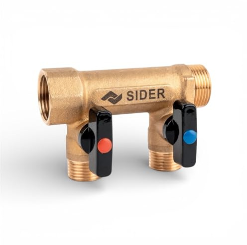 SIDER Collecteur plomberie en laiton CW617N 2 sorties avec mini-vannes intégrées entrée femelle 3/4 sorties mâles 1/2 compatible eau potable ACS sanitaire et chauffage (2 sorties)
