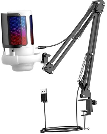 IOIUSKKU Micrófono para Podcast con micrófono USB e iluminación RGB. Brazo Colgante Flexible diseñado para Necesidades de grabación en para Vivo sin Esfuerzo. Perilla de Ganancia para Juegos USB