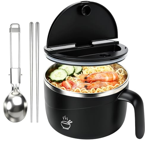 Cumdel Instant Noodle Bowl with Lid, 1200ml Stainless Steel Noodle Bowl with Fork Chopsticks, Ramen Bowl with Handles & Drip Hole, Dishwasher Safe Portable for Home Dorm Office (Black)