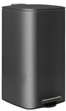 Optimal Products 50L Square Pedal Bin – Brushed Stainless Steel Kitchen Trash Can with Soft-Close Lid, Hands-Free Foot Pedal, Removable Inner Bucket & Rubbish Recycling Bin Dustbin Matt Black